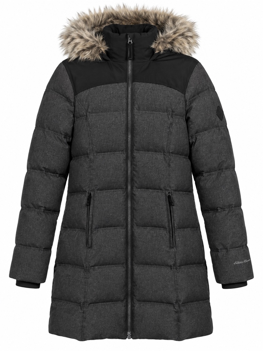 Eddie Bauer Down Puffer Parka Coat Faux Fur Hood Gray M Tall